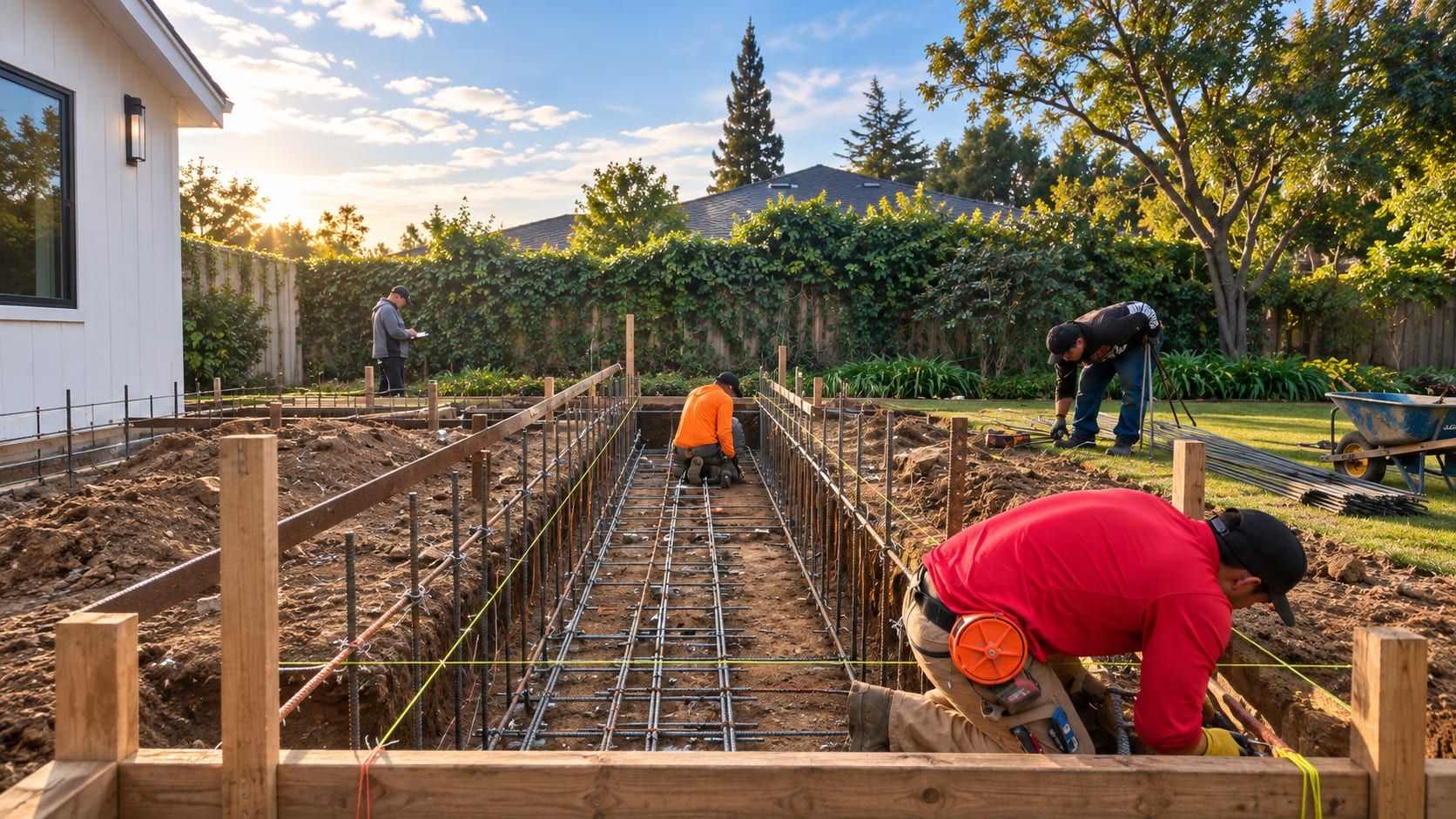 Gadget Construction crew tying rebar in a trenched concrete foundation footing in a Bay Area backyard