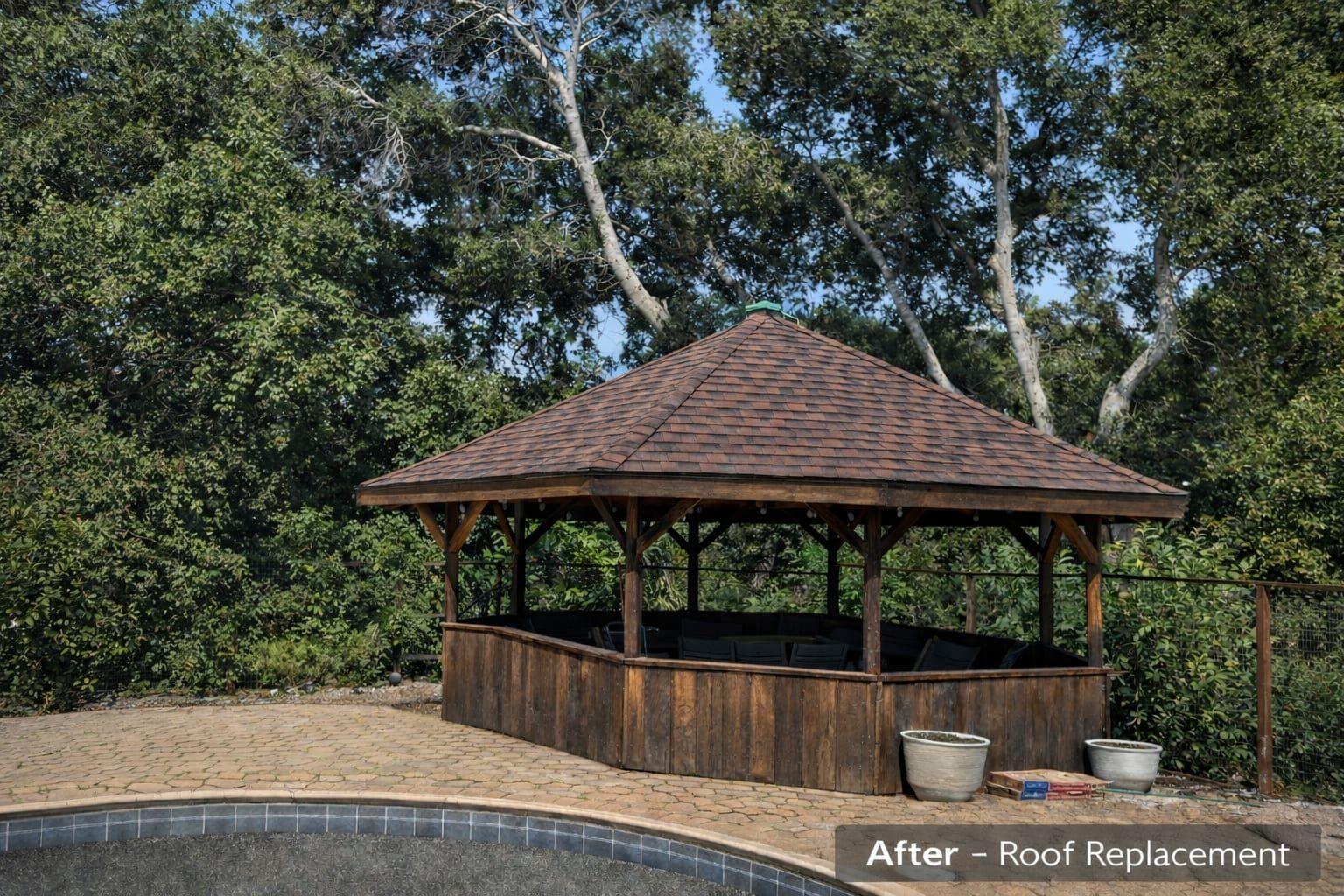 Newly installed shingle roof on gazebo after replacement by Gadget Construction in the Bay Area