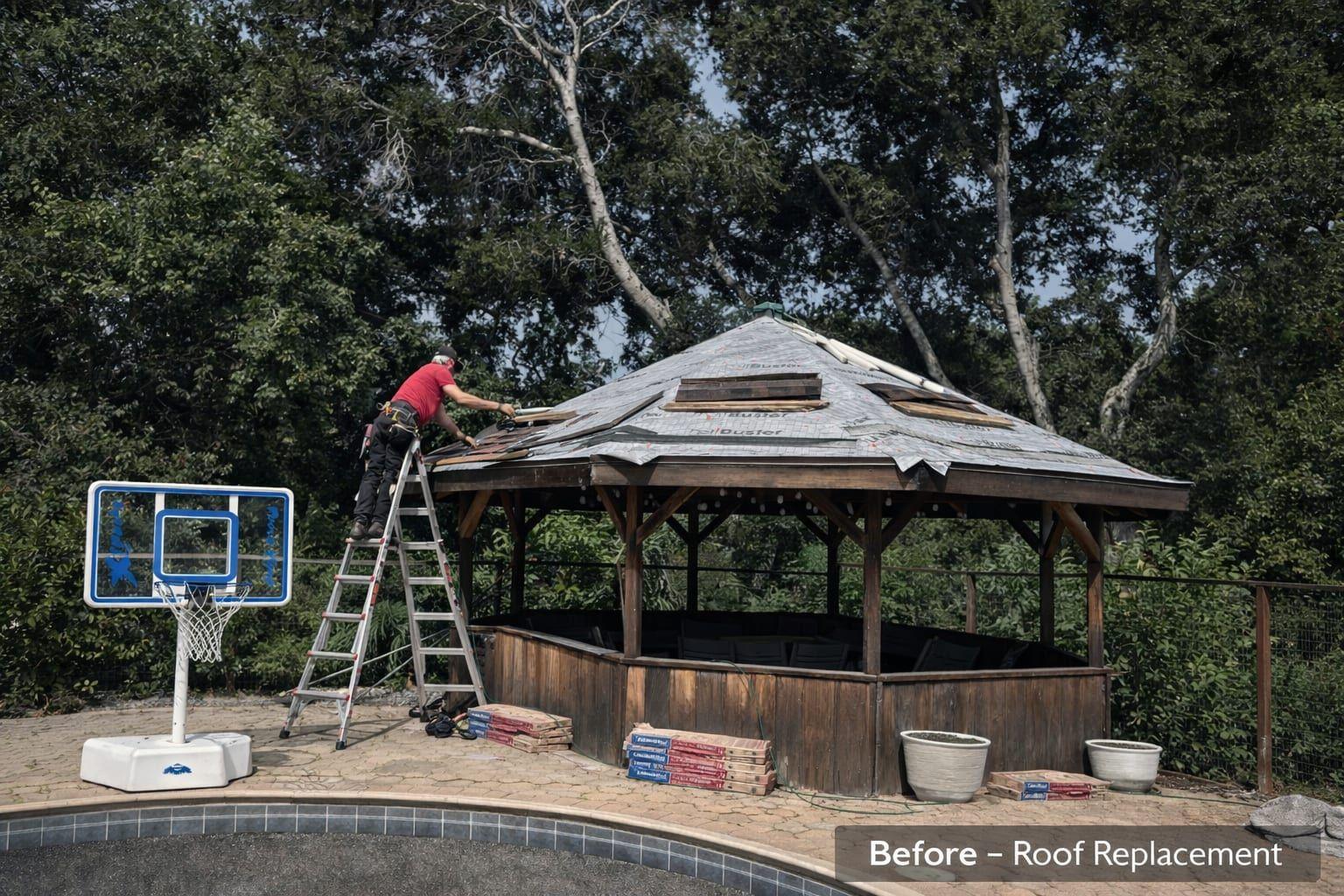 Damaged gazebo roof before replacement by Gadget Construction in the Bay Area